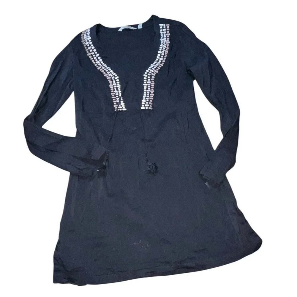 Athleta Embroidered Kissma Tunic Beach Cover Up Women's Size Small Tassels Black